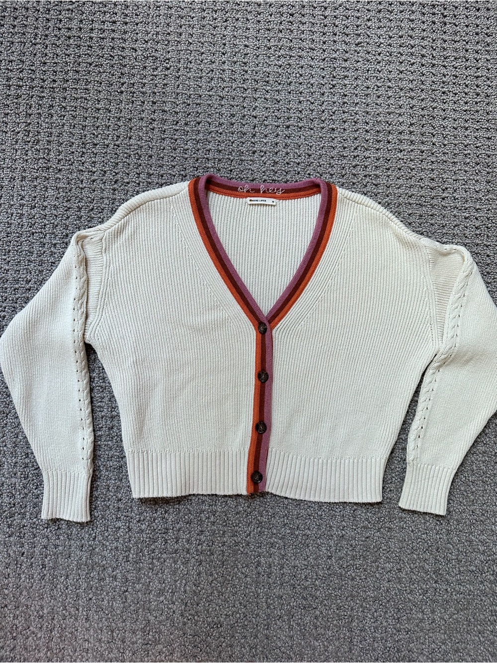 Marine Layer Cream Knit V-Neck Cardigan with Rust and Plum Trim